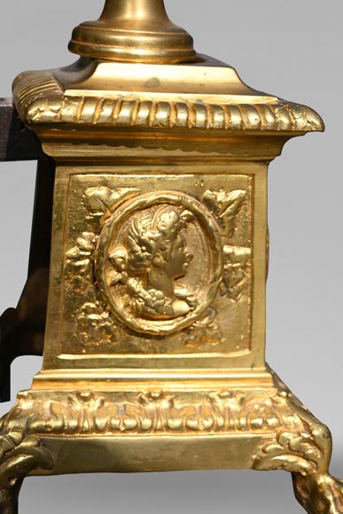 Paire de chenets de style Louis XIV en bronze doré décorés de profils-6