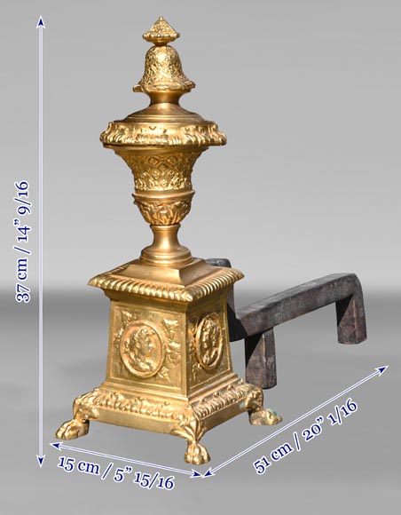 Paire de chenets de style Louis XIV en bronze doré décorés de profils-7