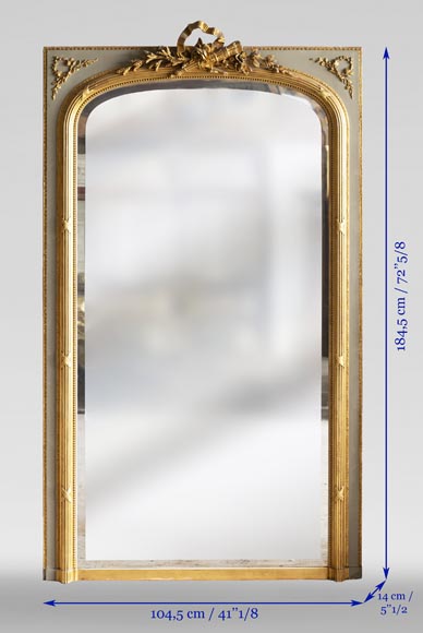 Trumeau ancien de style Louis XVI, à décor doré et miroir biseauté-6
