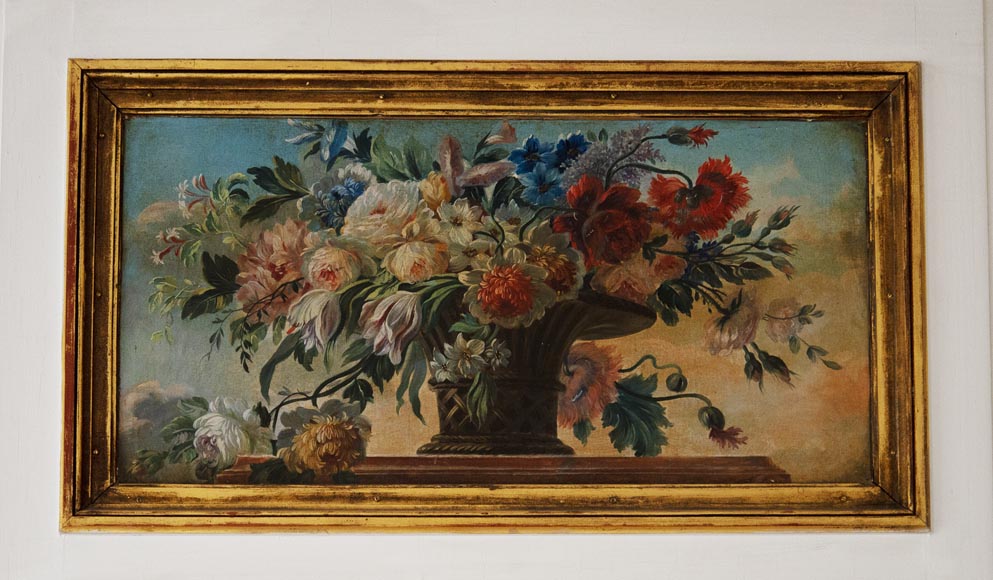 Trumeau ancien avec huile sur toile représentant un bouquet de fleurs-1