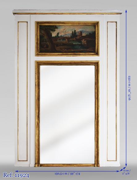 Trumeau ancien décoré d'une huile sur toile représentant un paysage animé-4