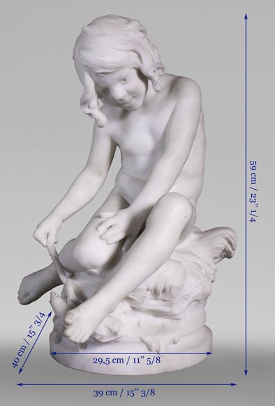 Auguste MOREAU (1834-1917) - Enfant jouant avec une écrevisse en marbre statuaire-9