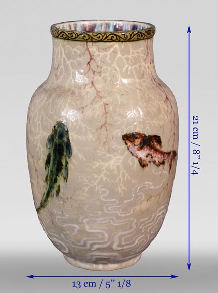 Edmond LACHENAL (1855-1930) - Vase ovoïde en céramique vernissée à décor de carpes-13
