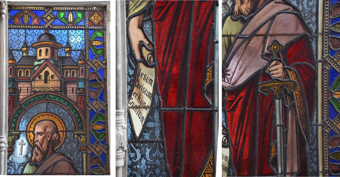 Paire de double vitraux religieux représentant des saints-16