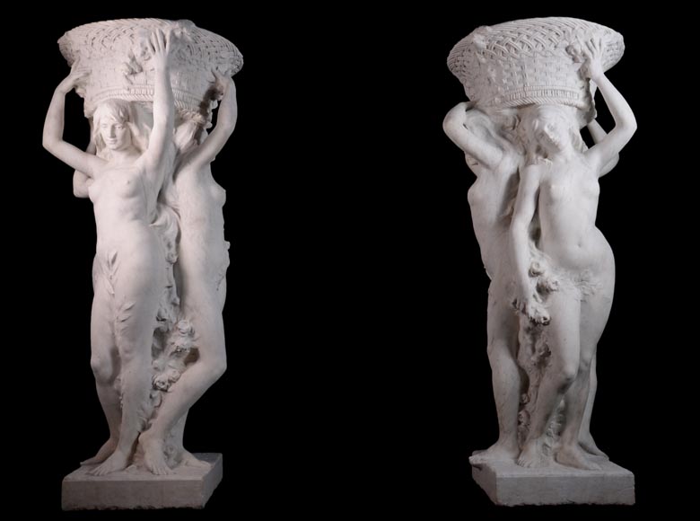 Alphonse MONCEL de PERRIN (1866-1930) - « Les trois Grâces », Importantes sculptures de jardin en marbre de Carrare -0