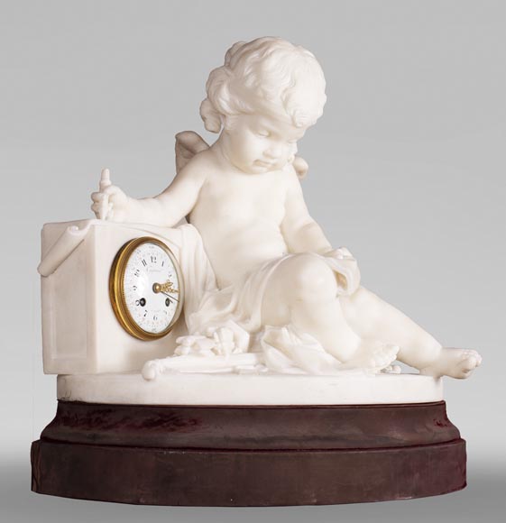 Pendule d'après un modèle de Jean Baptiste Pigalle en marbre de Carrare de la fin du XIXe-1