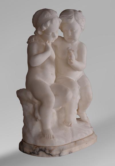 Guglielmo Pugi 1850 1915 Sculpture En Albatre Aux Enfants Amoureux Sculpture