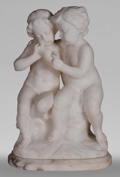 Guglielmo PUGI (1850-1915) - Sculpture en albâtre aux enfants amoureux-0