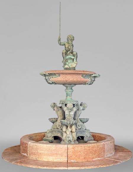 Fontaine italienne de style Napoléon III en bronze et marbre rouge de Vérone-0
