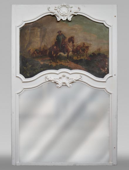 Trumeau ancien de style Louis XV avec une huile sur panneau représentant une scène de marchands à cheval-0