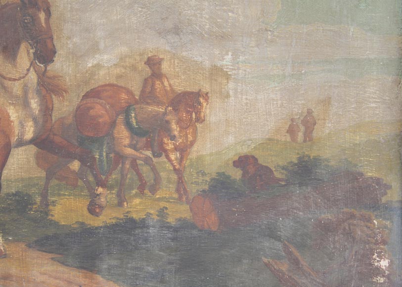 Trumeau ancien de style Louis XV avec une huile sur panneau représentant une scène de marchands à cheval-3
