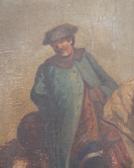 Trumeau ancien de style Louis XV avec une huile sur panneau représentant une scène de marchands à cheval-4