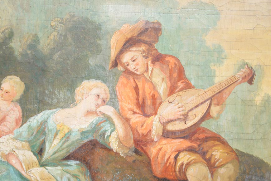 Trumeau ancien de style Louis XVI avec une huile sur toile à décor de scène galante-2