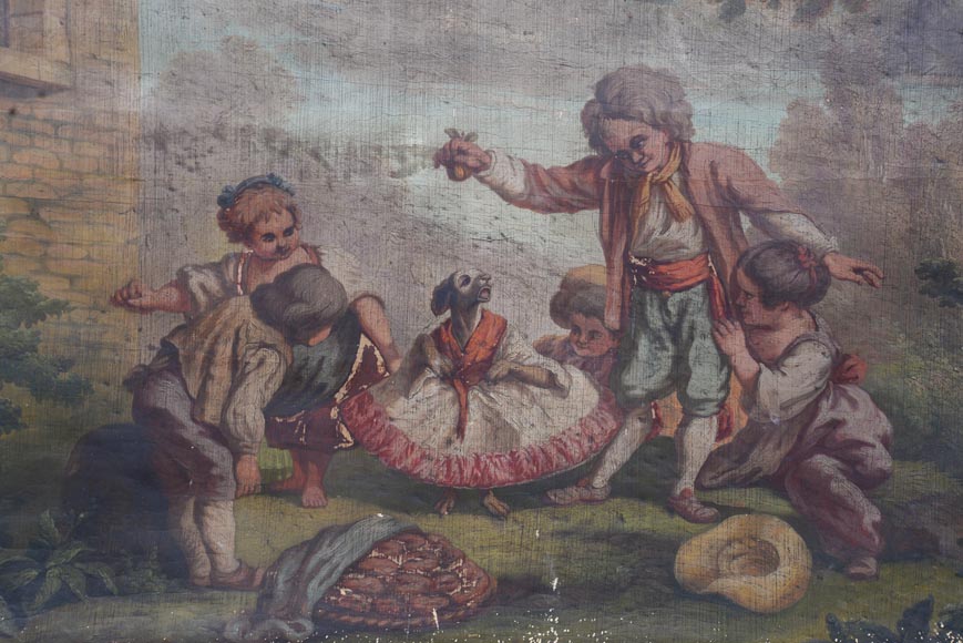 Trumeau ancien avec une huile sur toile représentant une scène d'enfants s'amusant avec un chien-1