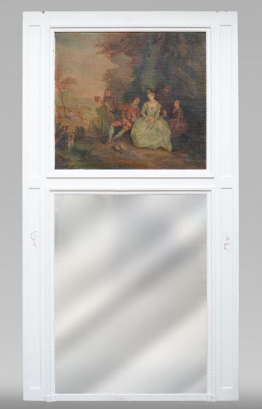 Trumeau ancien peint orné d'une huile sur toile représentant une scène galante-0