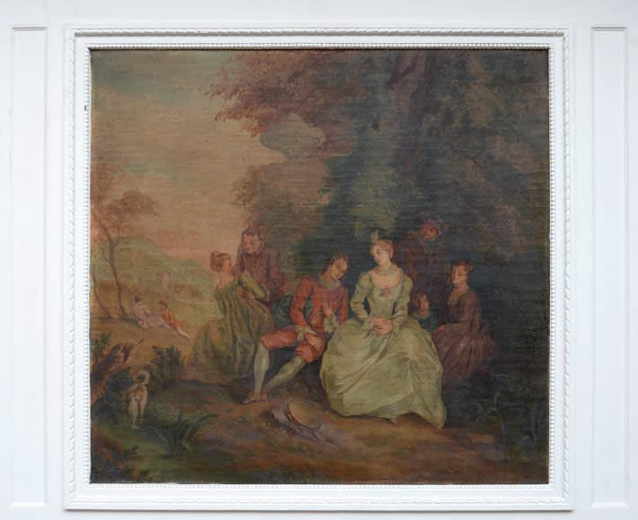 Trumeau ancien peint orné d'une huile sur toile représentant une scène galante-1
