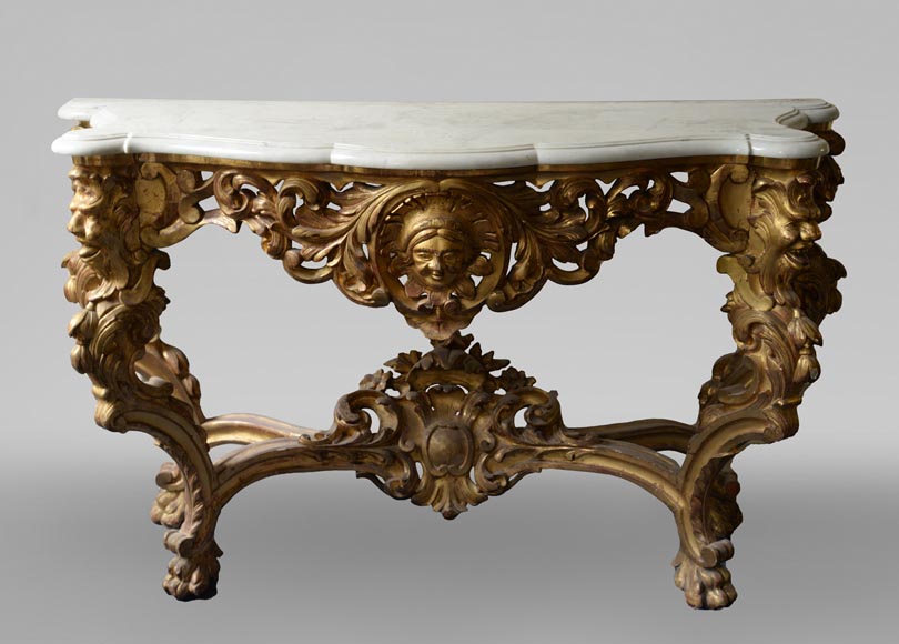 Console en bois doré de style Louis XVI plateau en marbre de Carrare-0