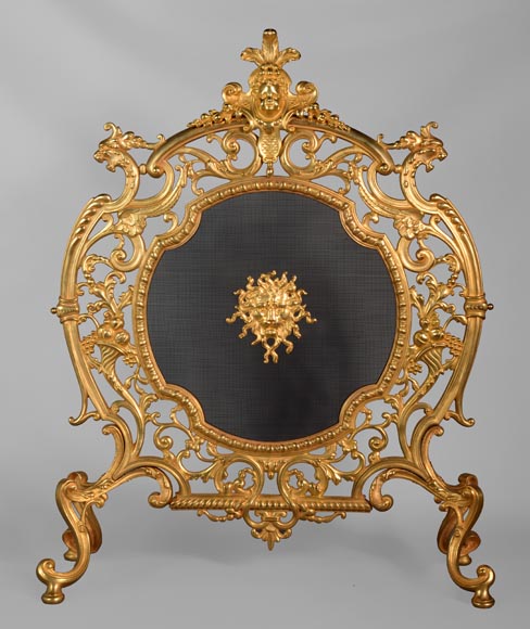 Pare étincelle en bronze doré de style Napoléon III aux mascarons de lion et de putto-0