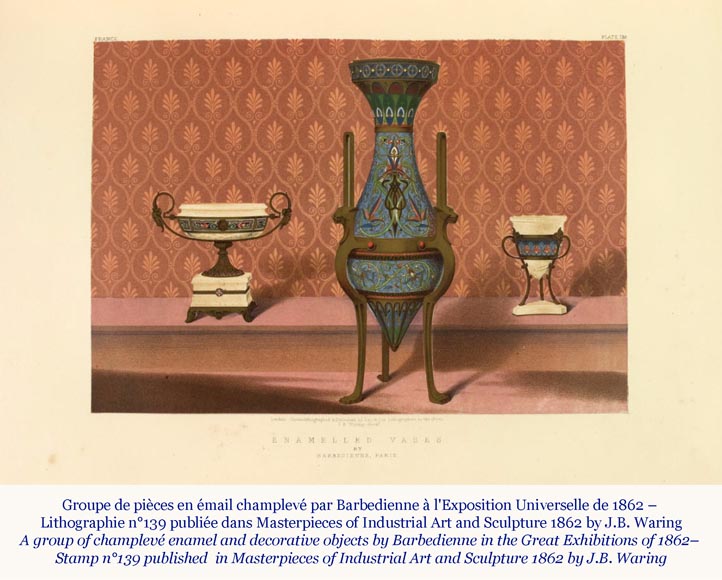 Louis - Constant SEVIN (1821 – 1888) et Ferdinand BARBEDIENNE (1810 – 1892) - Exceptionnelle paire de vases d'ornement en bronze et émail cloisonné, modèle présenté à l'exposition universelle de Londres en 1862-2