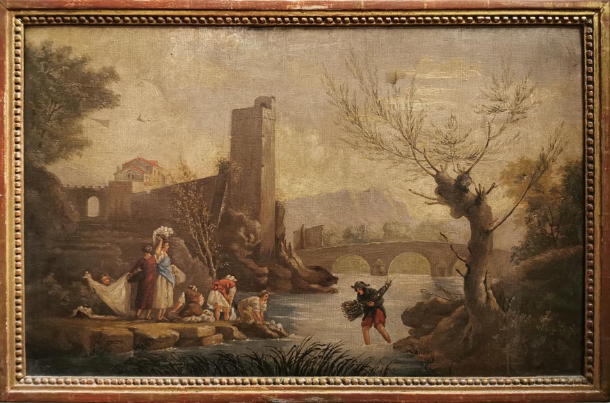 Trumeau ancien décoré d’une huile sur toile représentant une scène de genre-1