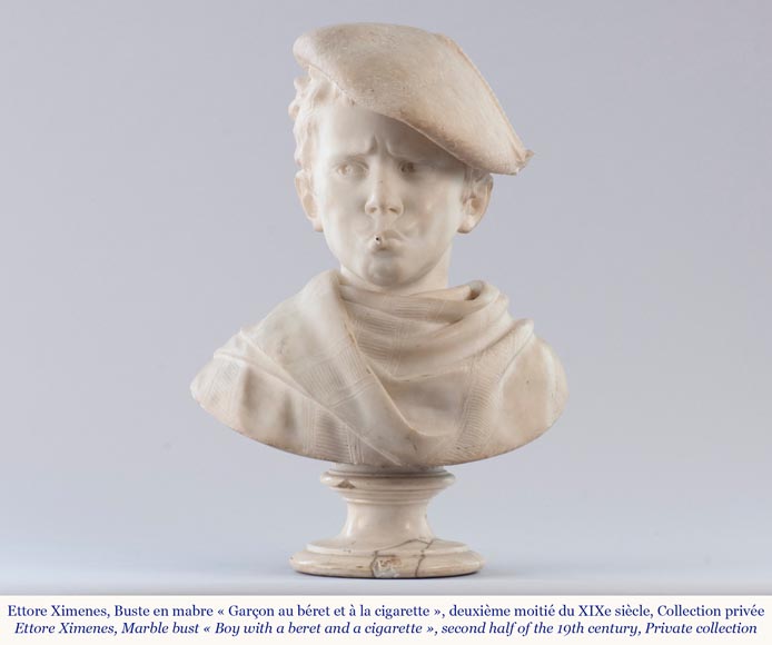 Ettore XIMENES (1855-1926) (attr. à),« Garçon au béret », Buste en marbre de Carrare, deuxième moitié du XIXe siècle-1