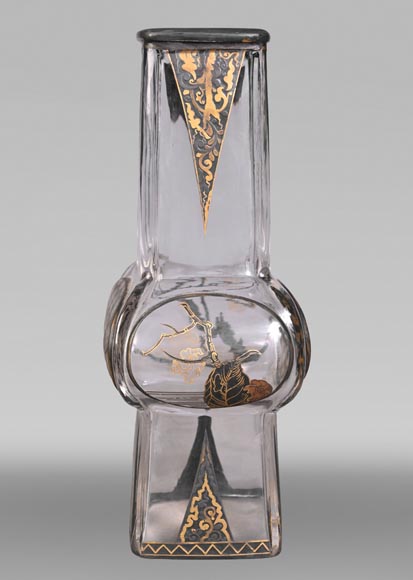 Escalier de CRISTAL, vase balustre sur socle en bronze et paire de vases bambou en cristal-12