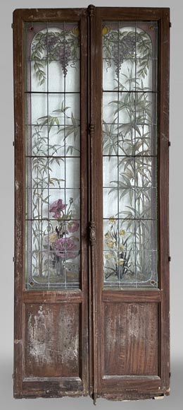 Claudius Bertrand, double porte ornée de vitraux aux décor floral, vers 1900-0