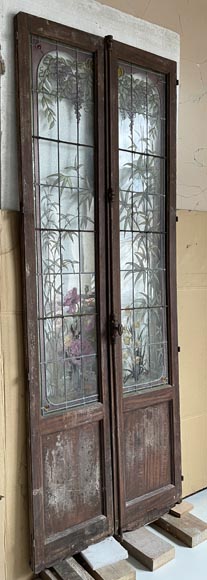 Claudius Bertrand, double porte ornée de vitraux aux décor floral, vers 1900-1