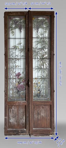 Claudius Bertrand, double porte ornée de vitraux aux décor floral, vers 1900-11