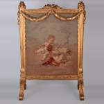 Pare-étincelle de style Louis XVI en bois doré et tapisserie d'Aubusson représentant une allégorie de la Musique