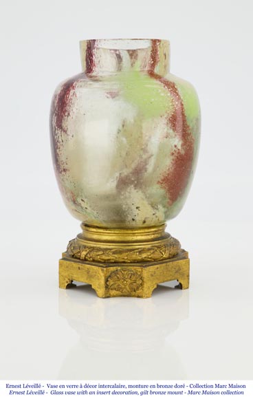 Ernest LEVEILLE - Exceptionnel vase en verre craquelé à décor intercalaire polychrome et doré sur monture en bronze doré, vers 1890-2