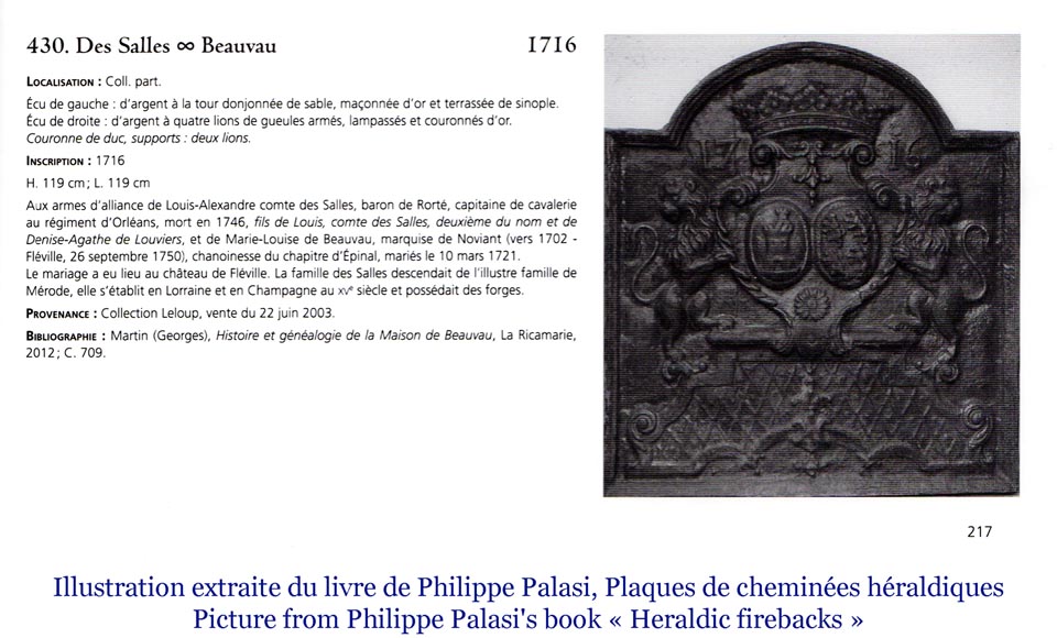Belle plaque de cheminée ancienne aux écus d’alliance de Louis-Alexandre, comte des Salles et de Marie-Louise de Beauvau, marquise de Noviant, datée 1716-9