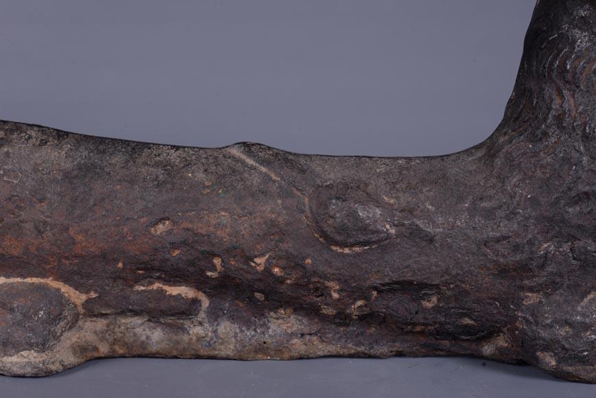 Rare paire de chenets zoomorphes en fonte de fer figurant un chien couché, Wallonie, XVIe siècle-6