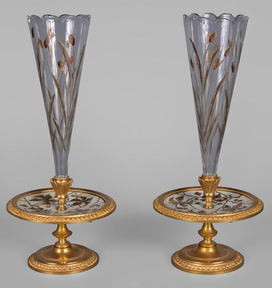 Ferdinand Duvinage – Paire de vases soliflores à décor en marqueterie d'ivoire-0
