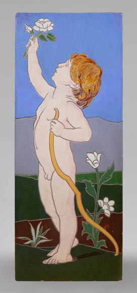 Jules LOEBNITZ (1836 – 1895), Panneau en céramique « Enfant à la fleur »-0