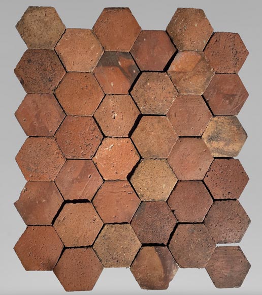 Lot d'environ 9m² de dalles hexagonales anciennes en terre cuite, XIXe siècle-0