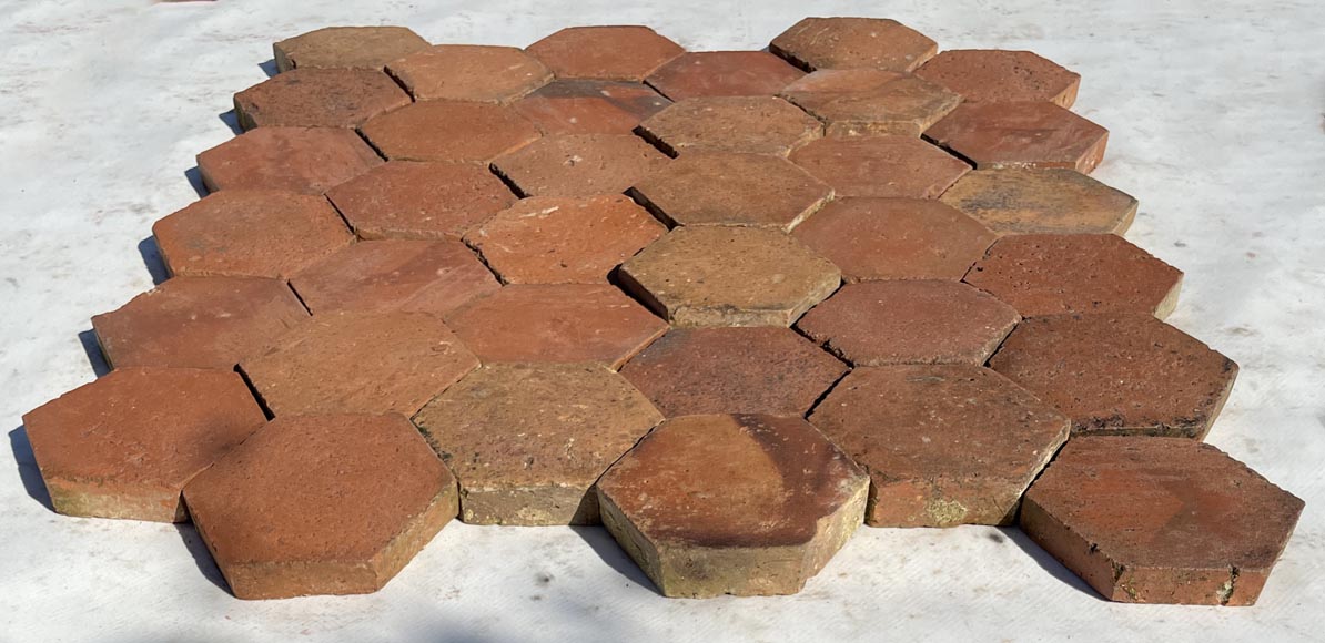 Lot d'environ 9m² de dalles hexagonales anciennes en terre cuite, XIXe siècle-1