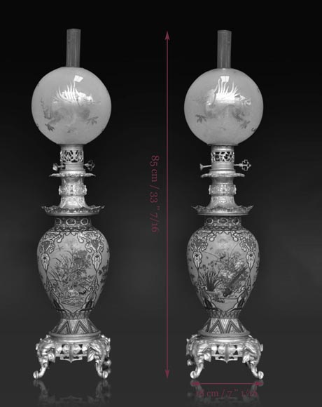 Ferdinand BARBEDIENNE (1810 – 1892) (Attrib. à) Paire de lampes à décor d'émail cloisonné chinois-7