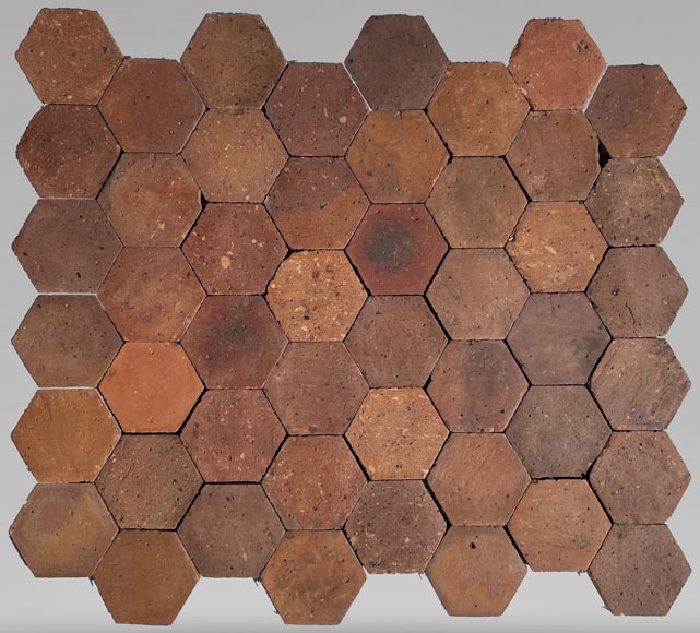 Lot d'environ 5 m² de dalles hexagonales anciennes en terre cuite, XIXe siècle-0