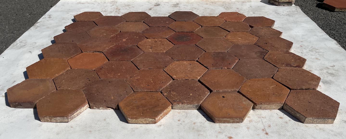 Lot d'environ 5 m² de dalles hexagonales anciennes en terre cuite, XIXe siècle-1