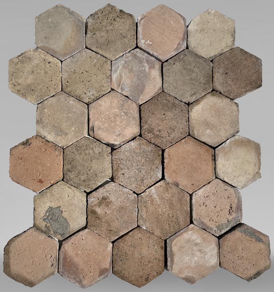 Lot d'environ 5,5m² de dalles hexagonales anciennes en terre cuite, XIXe siècle-0