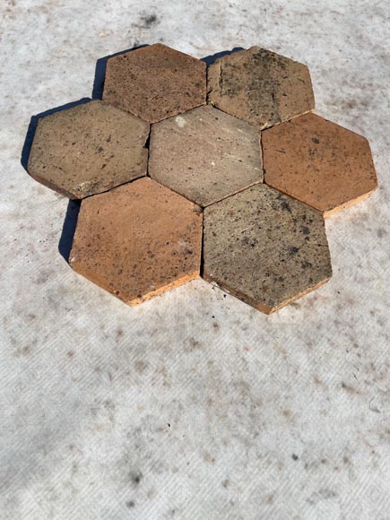 Lot d'environ 6m² de dalles hexagonales anciennes en terre cuite, XIXe siècle-1