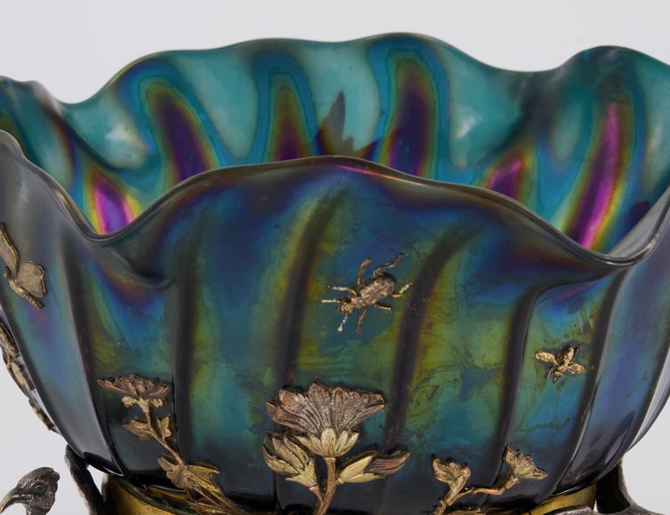 Maison GIROUX et Ferdinand DUVINAGE - Exceptionnelle et rare coupe aux échassiers en verre irisé et décor de galvanoplastie, vers 1870-1880-4