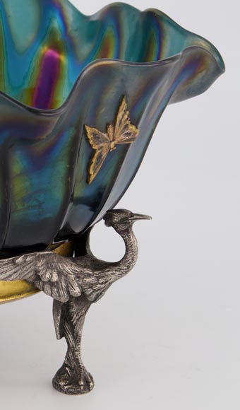 Maison GIROUX et Ferdinand DUVINAGE - Exceptionnelle et rare coupe aux échassiers en verre irisé et décor de galvanoplastie, vers 1870-1880-6