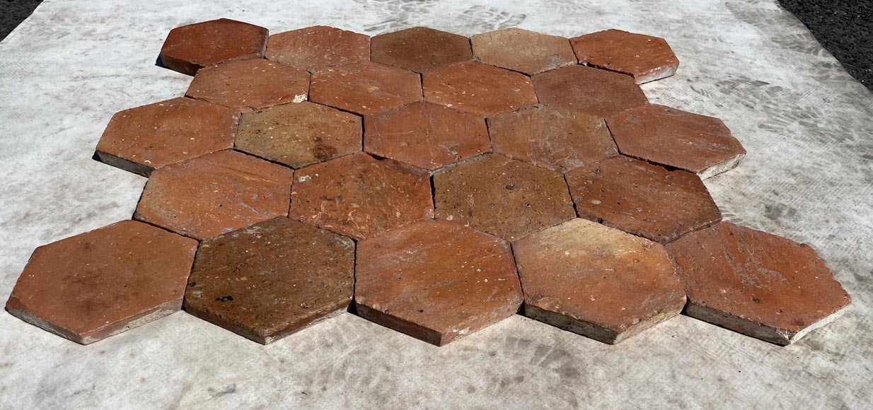 Lot d'environ 9,5 m² de dalles hexagonales anciennes en terre cuite, XIXe siècle-1