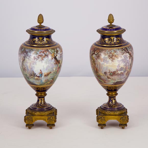 Paire de vases en porcelaine Sèvres montés en bronze doré et peints par J. Machereau, vers 1870-5