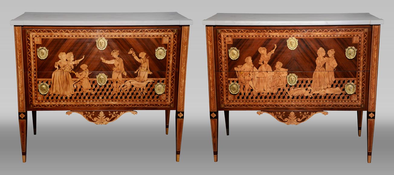 Giuseppe MAGGIOLINI (1738 – 1814)(Entourage de),Remarquable paire de commodes néoclassiques à décor de marqueterie présentant un « Départ pour la chasse » et un « Retour de la chasse », début du XIXe siècle-0