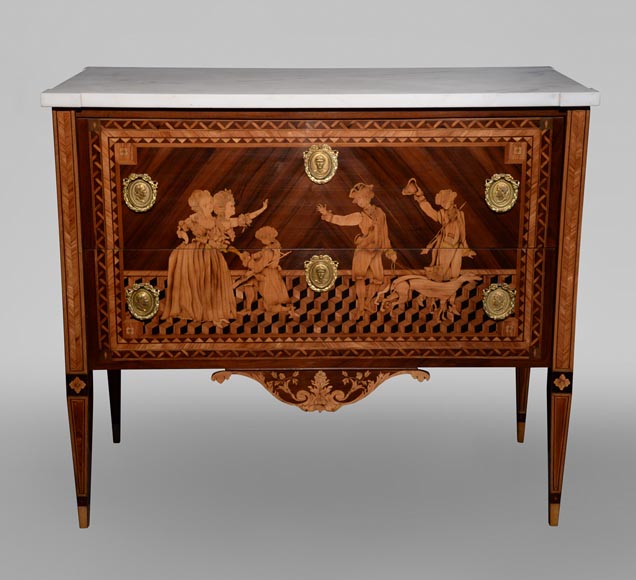 Giuseppe MAGGIOLINI (1738 – 1814)(Entourage de),Remarquable paire de commodes néoclassiques à décor de marqueterie présentant un « Départ pour la chasse » et un « Retour de la chasse », début du XIXe siècle-1
