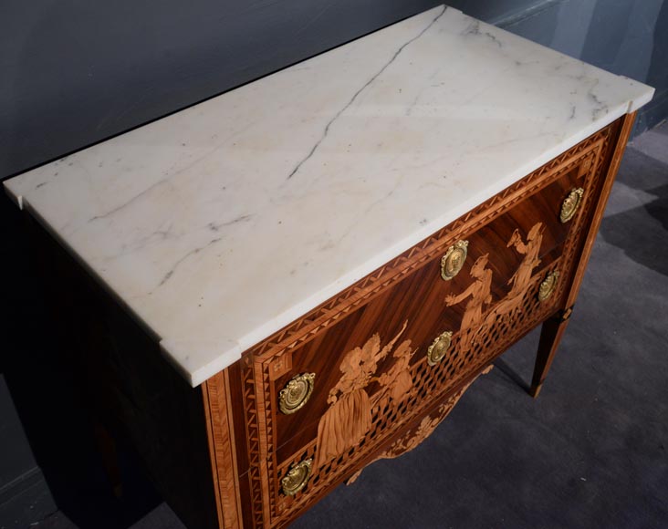 Giuseppe MAGGIOLINI (1738 – 1814)(Entourage de),Remarquable paire de commodes néoclassiques à décor de marqueterie présentant un « Départ pour la chasse » et un « Retour de la chasse », début du XIXe siècle-2