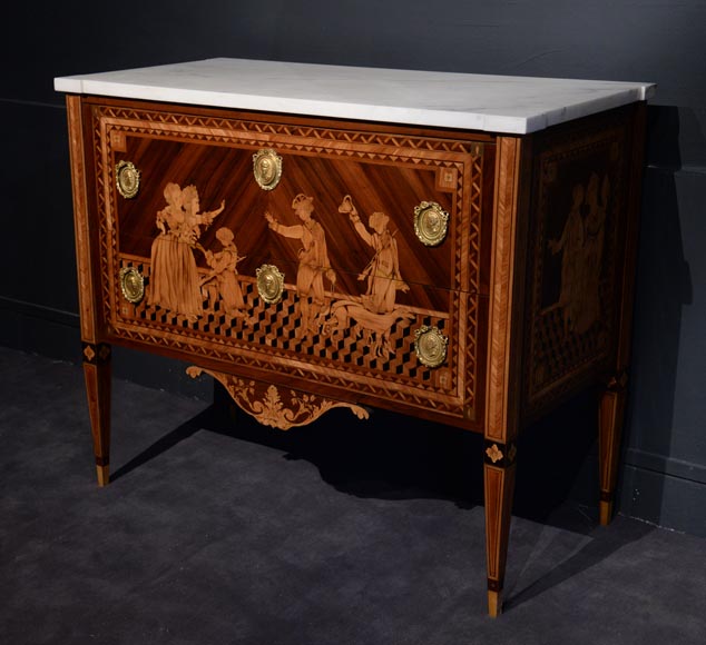 Giuseppe MAGGIOLINI (1738 – 1814)(Entourage de),Remarquable paire de commodes néoclassiques à décor de marqueterie présentant un « Départ pour la chasse » et un « Retour de la chasse », début du XIXe siècle-3